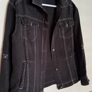 Michael Stars 100% linen jacket top with white stitching and roll up sleeve tabs